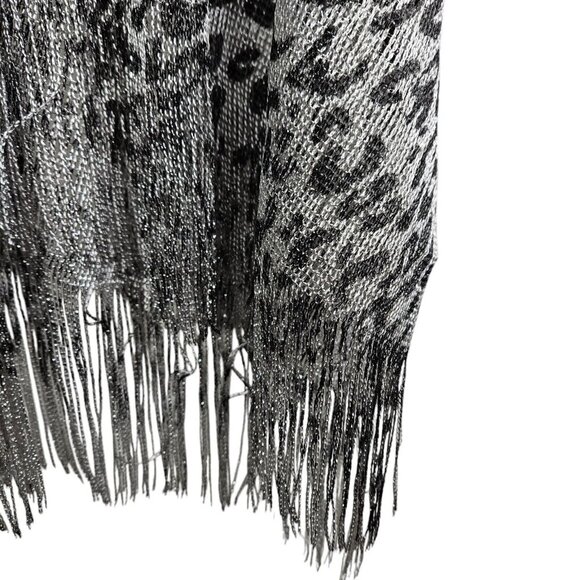 Leopard Print Silver Fringe Shawl Kimono Cover up Mesh Open Front One Size - Picture 11 of 12